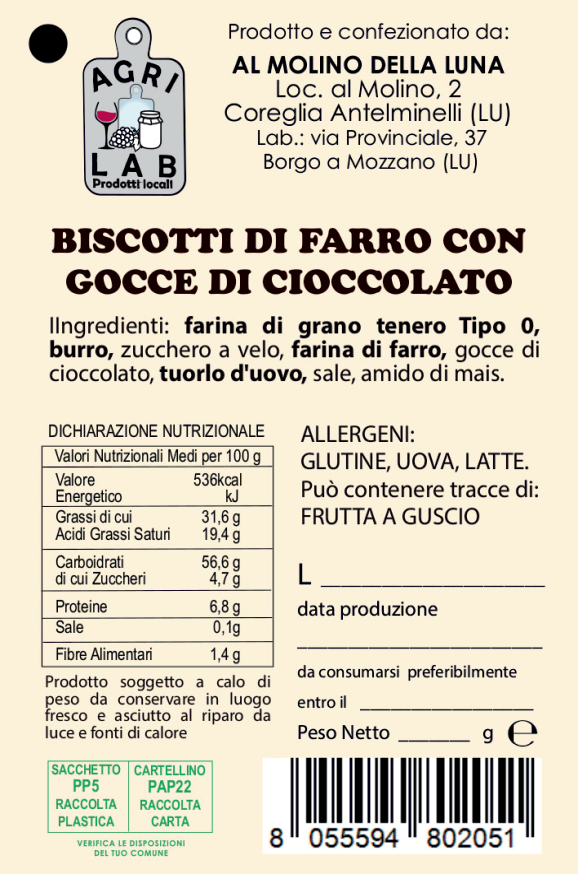 Biscotti di Farro con Gocce di Cioccolato - etichetta