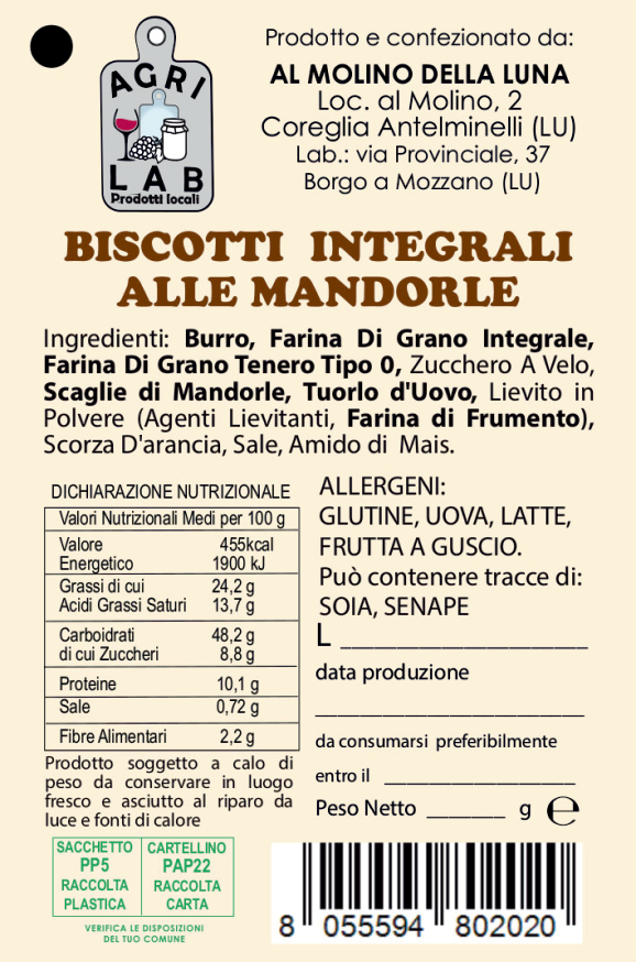 Biscotti Integrali alle Mandorle - etichetta