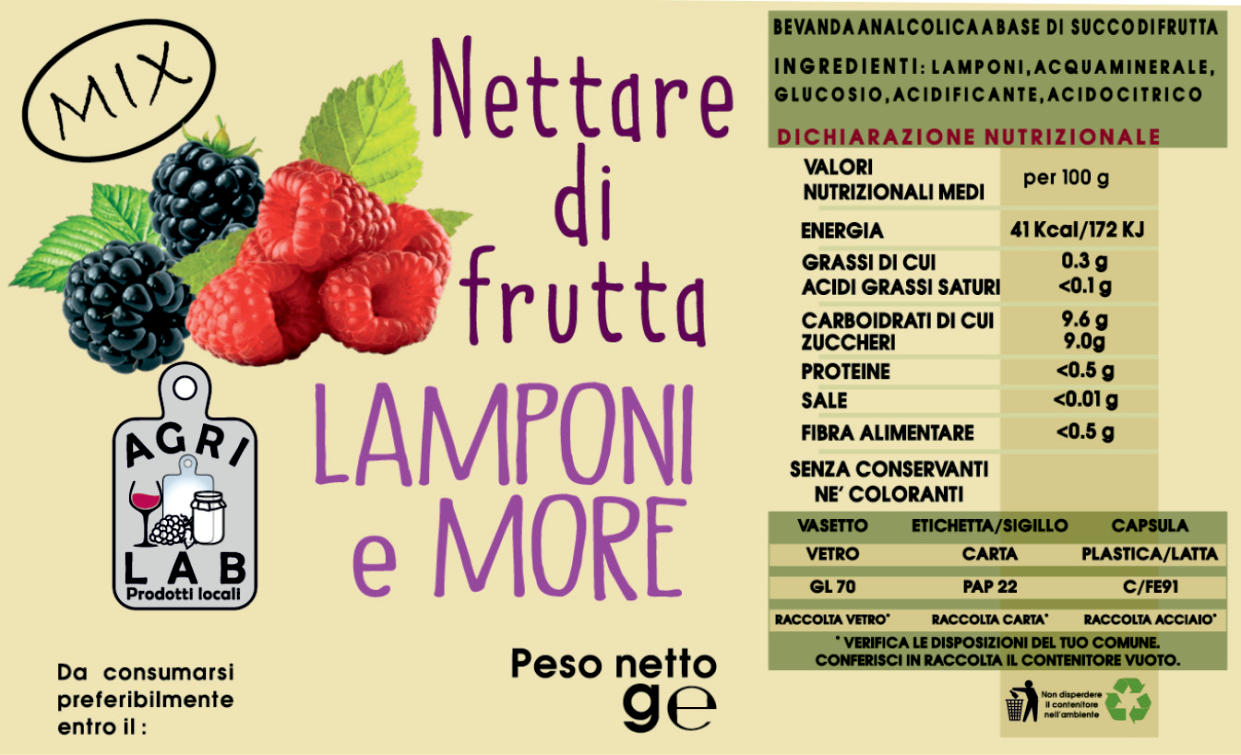 Nettare di frutta LAMPONI e MORE - etichetta