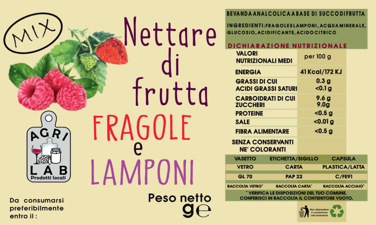 Nettare di frutta FRAGOLE e LAMPONI - etichetta