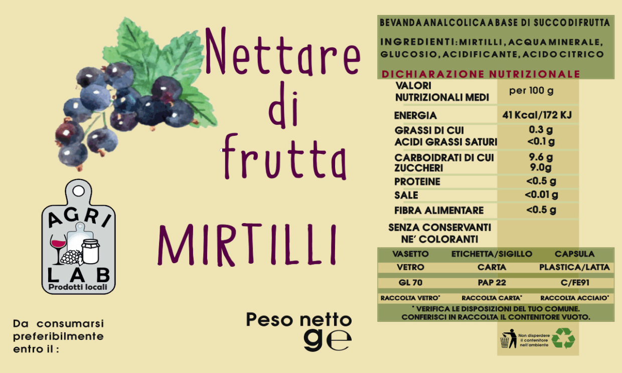 Nettare di frutta MIRTILLI - etichetta