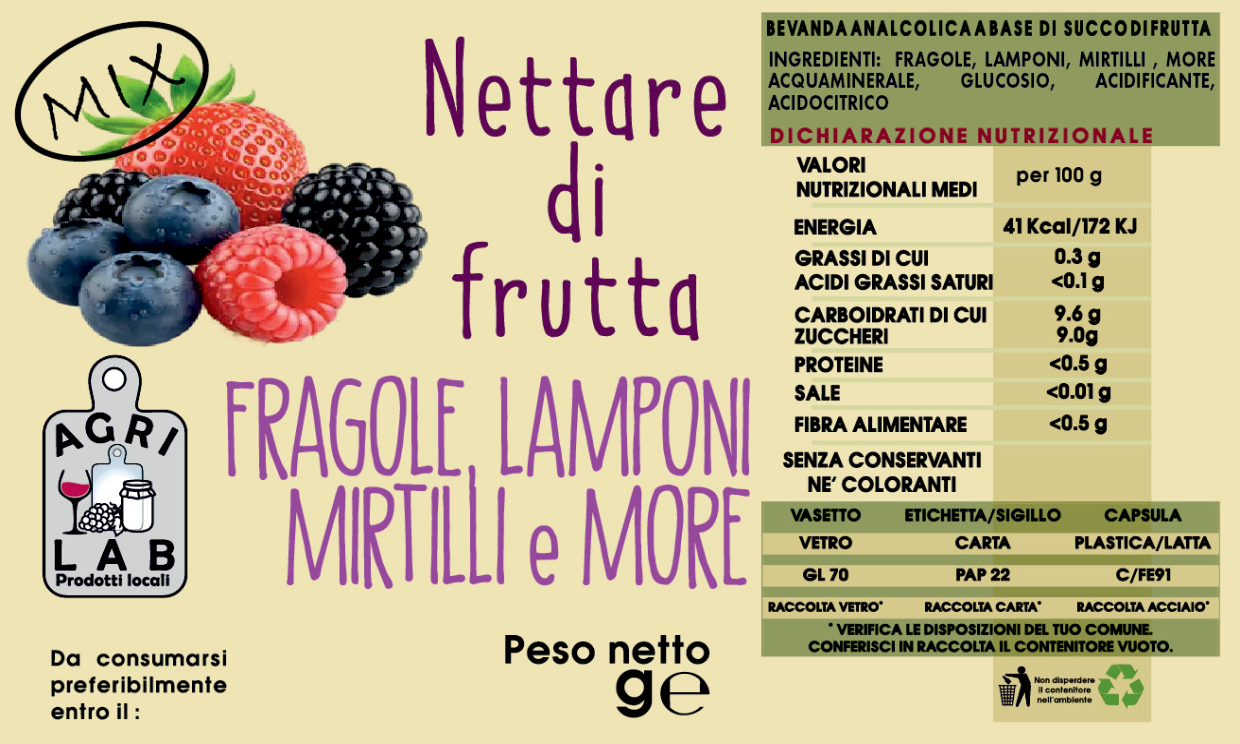 Nettare di frutta FRAGOLE, LAMPONI, MIRTILLI e MORE - etichetta